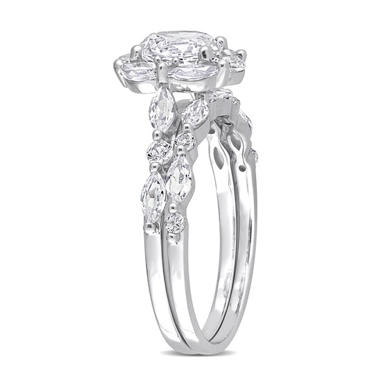 6.5mm White Lab-Created Sapphire and Diamond Accent Scallop Edge Frame Bridal Set in 10K White Gold