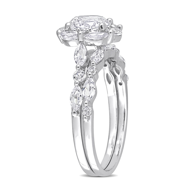 Main Image 3 of 6.5mm White Lab-Created Sapphire and Diamond Accent Scallop Edge Frame Bridal Set in 10K White Gold