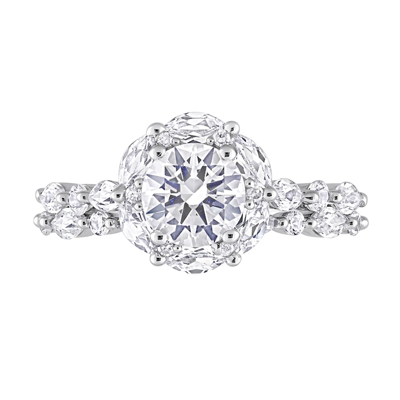 Main Image 4 of 6.5mm White Lab-Created Sapphire and Diamond Accent Scallop Edge Frame Bridal Set in 10K White Gold