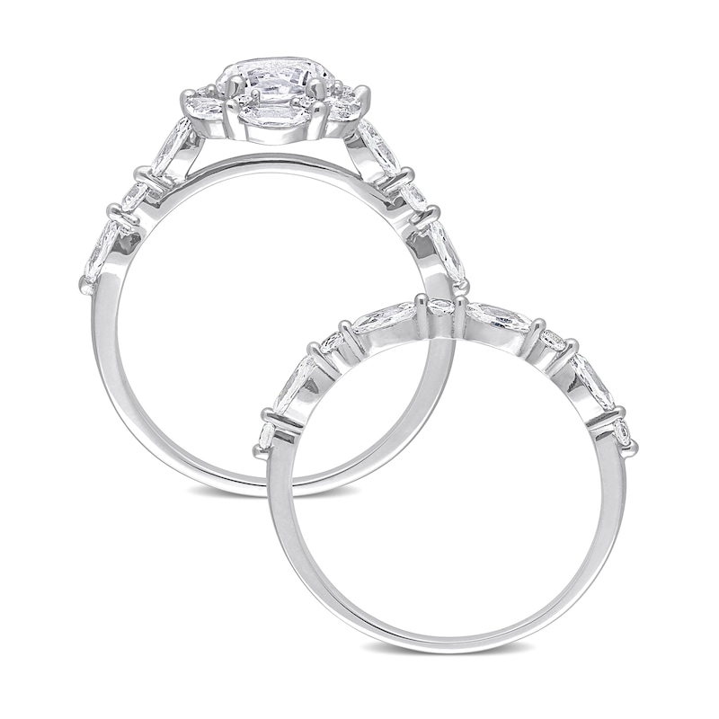 Main Image 5 of 6.5mm White Lab-Created Sapphire and Diamond Accent Scallop Edge Frame Bridal Set in 10K White Gold