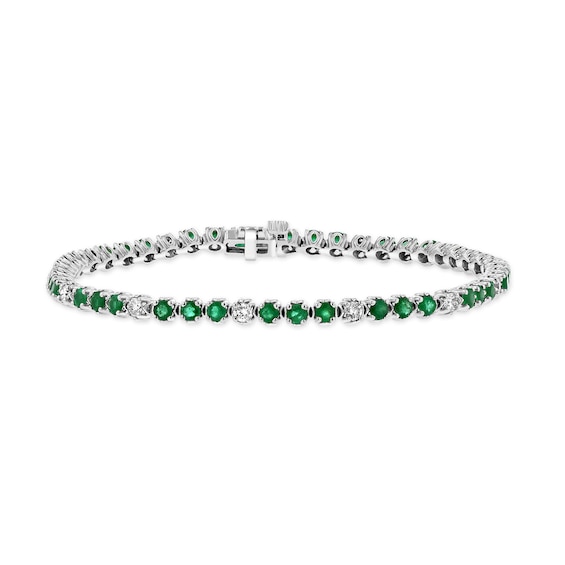 Emerald and 3/4 CT. T.w. Diamond Alternating Trios Line Bracelet in 14K White Gold