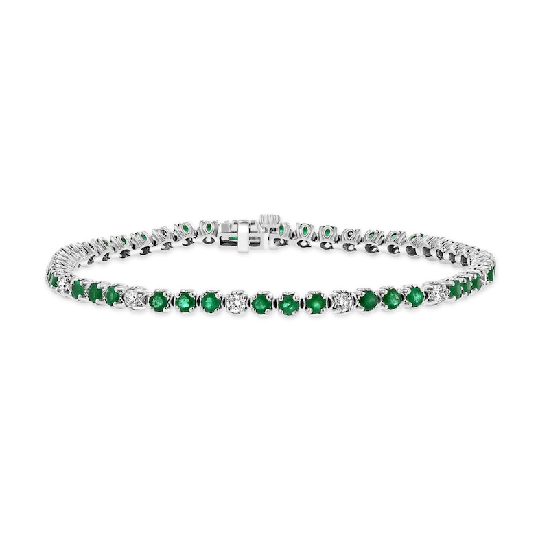 Main Image 2 of Emerald and 3/4 CT. T.W. Diamond Alternating Trios Line Bracelet in 14K White Gold