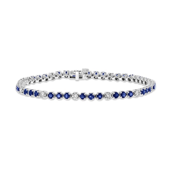 Blue Sapphire and 3/4 CT. T.w. Diamond Alternating Trios Line Bracelet in 14K White Gold