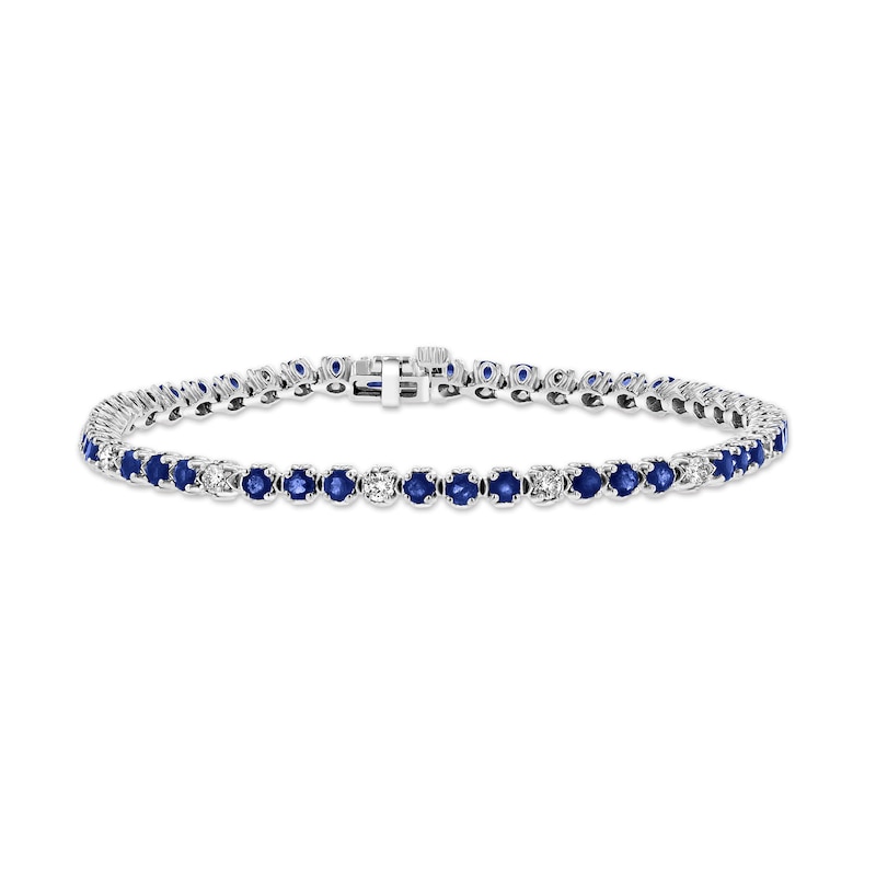 Main Image 2 of Blue Sapphire and 3/4 CT. T.W. Diamond Alternating Trios Line Bracelet in 14K White Gold