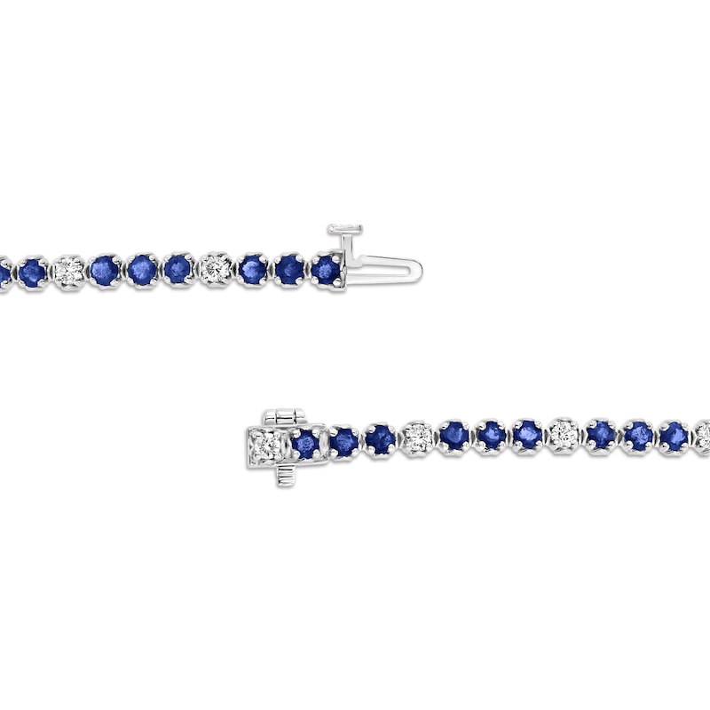 Main Image 3 of Blue Sapphire and 3/4 CT. T.W. Diamond Alternating Trios Line Bracelet in 14K White Gold