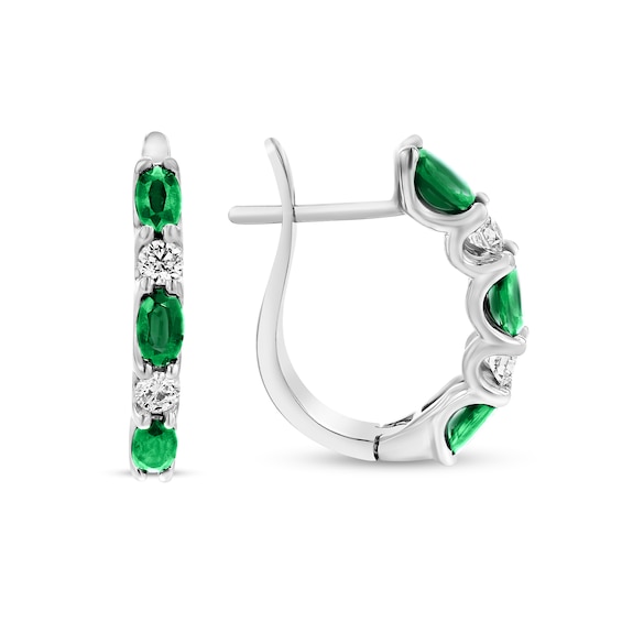 Oval Emerald and 3/8 CT. T.w. Diamond Alternating Five Stone U-Hoop Earrings in 14K White Gold