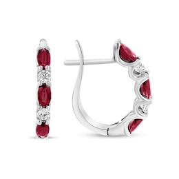 Oval Ruby and 3/8 CT. T.W. Diamond Alternating Five Stone U-Hoop Earrings in 14K White Gold