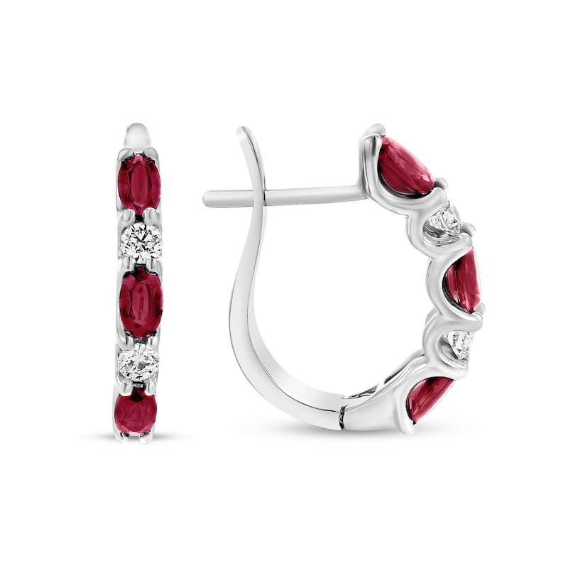 Main Image 1 of Oval Ruby and 3/8 CT. T.W. Diamond Alternating Five Stone U-Hoop Earrings in 14K White Gold