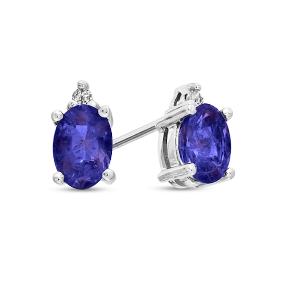 Oval Tanzanite and Diamond Accent Stacked Stud Earrings in 14K White Gold