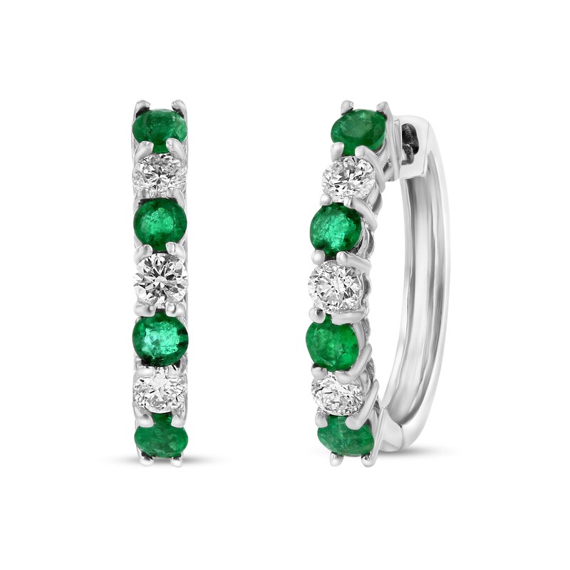 Main Image 1 of Emerald and 3/8 CT. T.W. Diamond Alternating Seven Stone Huggie Hoop Earrings in 14K White Gold