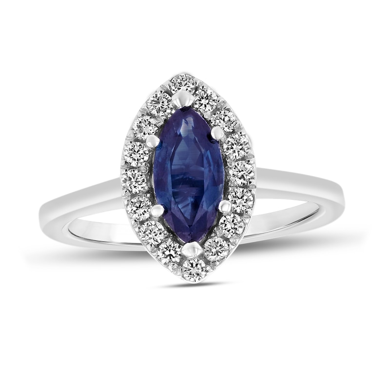 Main Image 1 of Marquise Blue Sapphire and 1/4 CT. T.W. Diamond Frame Ring in 14K White Gold
