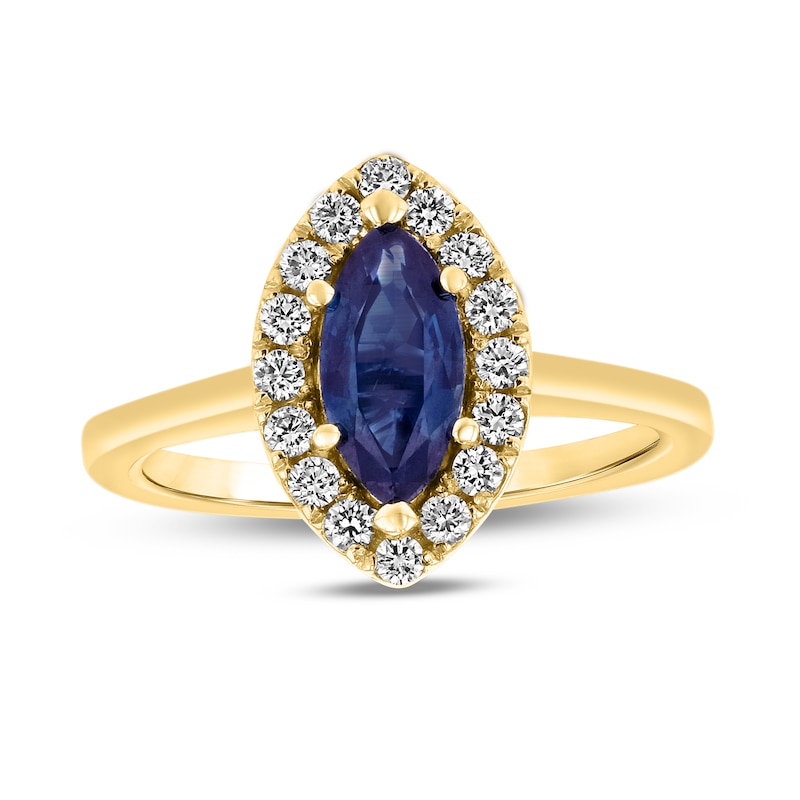 Main Image 1 of Marquise Blue Sapphire and 1/4 CT. T.W. Diamond Frame Ring in 14K Gold
