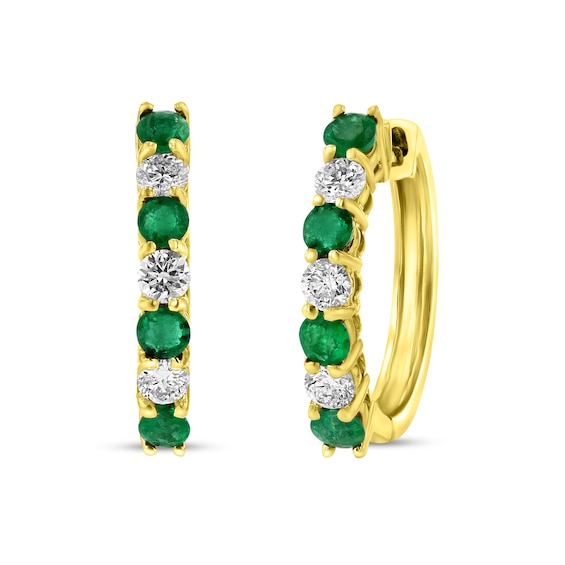 Emerald and 3/8 CT. T.w. Diamond Alternating Seven Stone Huggie Hoop Earrings in 14K Gold