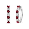 Thumbnail Image 1 of Ruby and 3/8 CT. T.W. Diamond Alternating Seven Stone Huggie Hoop Earrings in 14K White Gold