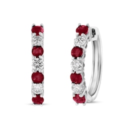 Ruby and 3/8 CT. T.W. Diamond Alternating Seven Stone Huggie Hoop Earrings in 14K White Gold