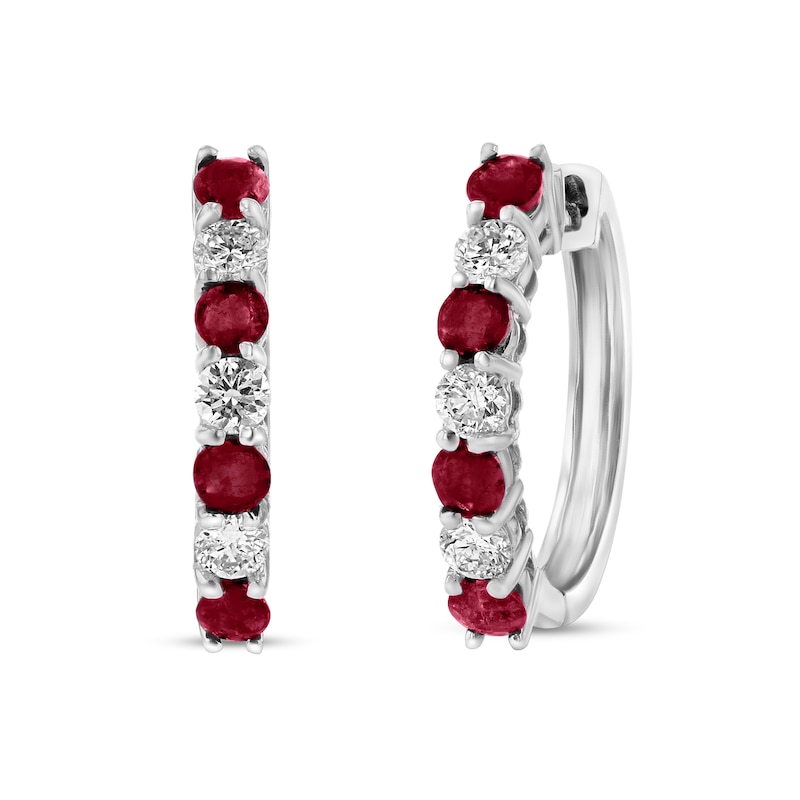 Main Image 1 of Ruby and 3/8 CT. T.W. Diamond Alternating Seven Stone Huggie Hoop Earrings in 14K White Gold