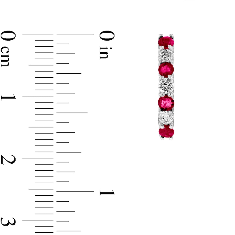 Main Image 2 of Ruby and 3/8 CT. T.W. Diamond Alternating Seven Stone Huggie Hoop Earrings in 14K White Gold