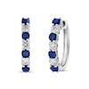 Thumbnail Image 1 of Blue Sapphire and 3/8 CT. T.W. Diamond Alternating Seven Stone Huggie Hoop Earrings in 14K White Gold