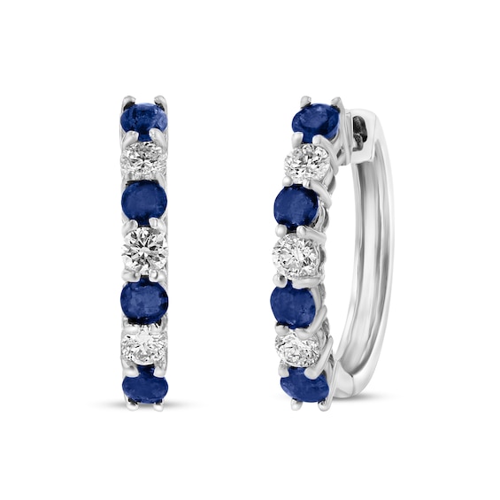 Blue Sapphire and 3/8 CT. T.w. Diamond Alternating Seven Stone Huggie Hoop Earrings in 14K White Gold