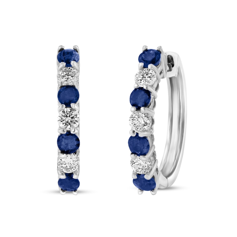 Main Image 1 of Blue Sapphire and 3/8 CT. T.W. Diamond Alternating Seven Stone Huggie Hoop Earrings in 14K White Gold