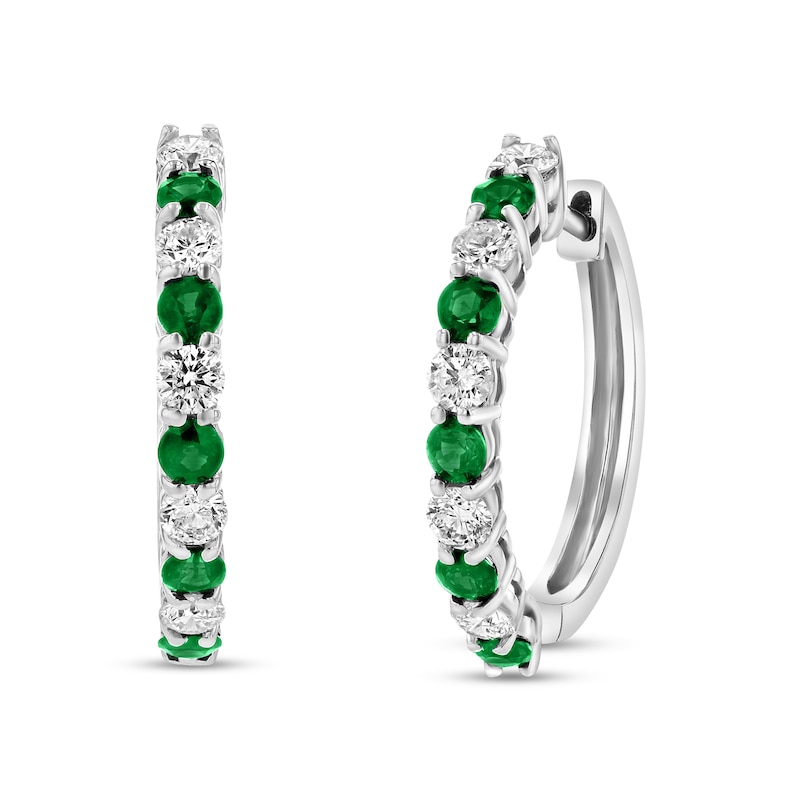 Main Image 1 of Emerald and 1/2 CT. T.W. Diamond Alternating Ten Stone Hoop Earrings in 14K White Gold