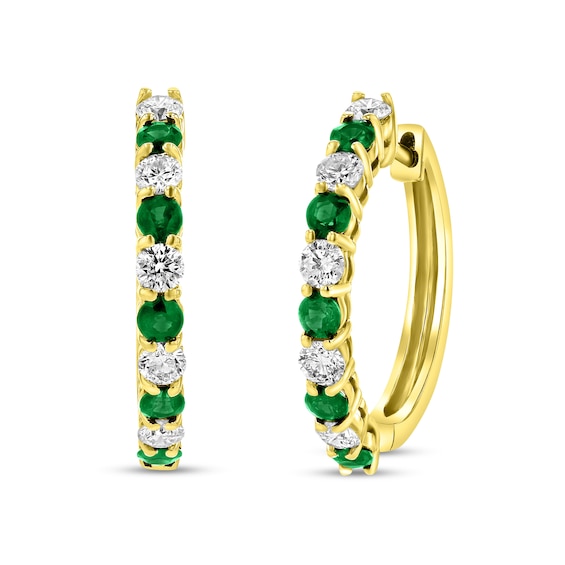 Emerald and 1/2 CT. T.w. Diamond Alternating Ten Stone Hoop Earrings in 14K Gold