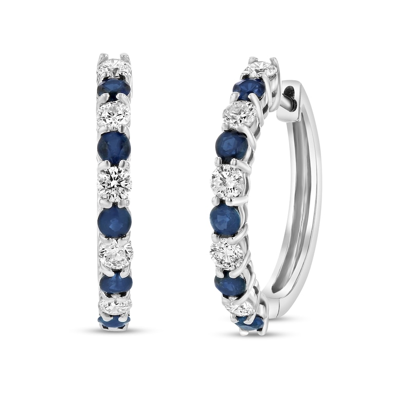 Main Image 1 of Blue Sapphire and 1/2 CT. T.W. Diamond Alternating Ten Stone Hoop Earrings in 14K White Gold