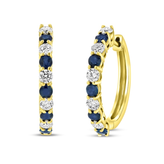 Blue Sapphire and 1/2 CT. T.w. Diamond Alternating Ten Stone Hoop Earrings in 14K Gold