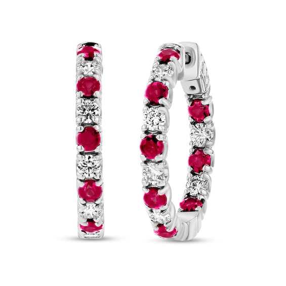 Ruby and 1-1/4 CT. T.w. Diamond Alternating Inside-Out Hoop Earrings in 14K White Gold