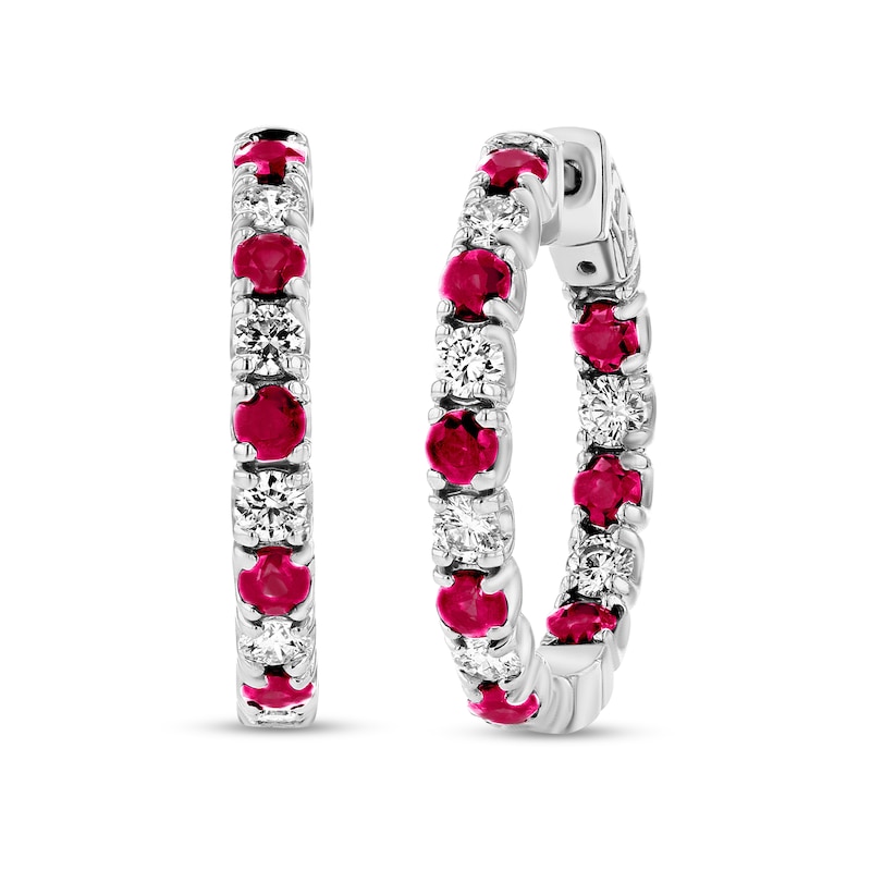 Main Image 1 of Ruby and 1-1/4 CT. T.W. Diamond Alternating Inside-Out Hoop Earrings in 14K White Gold