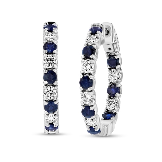 Blue Sapphire and 1-1/4 CT. T.w. Diamond Alternating Inside-Out Hoop Earrings in 14K White Gold