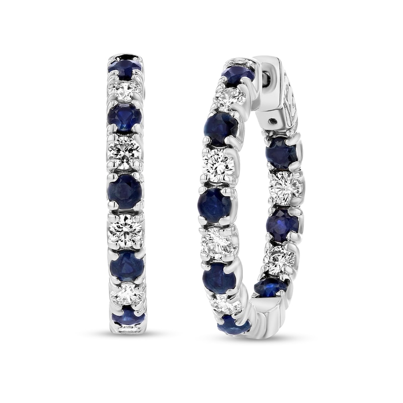 Main Image 1 of Blue Sapphire and 1-1/4 CT. T.W. Diamond Alternating Inside-Out Hoop Earrings in 14K White Gold