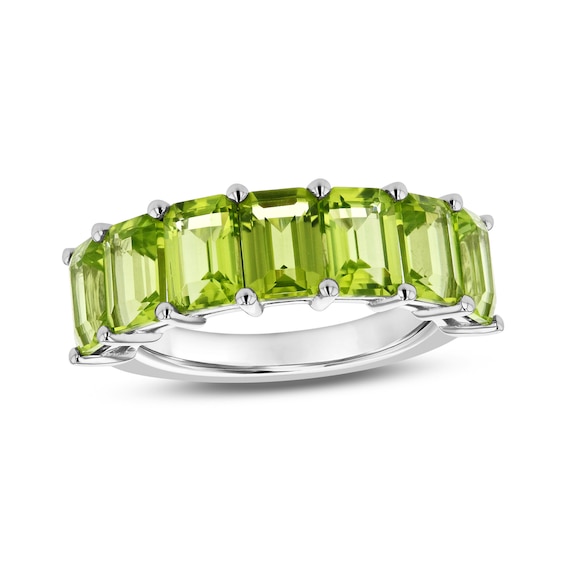 Emerald-Cut Peridot Seven Stone Anniversary Band in 14K White Gold