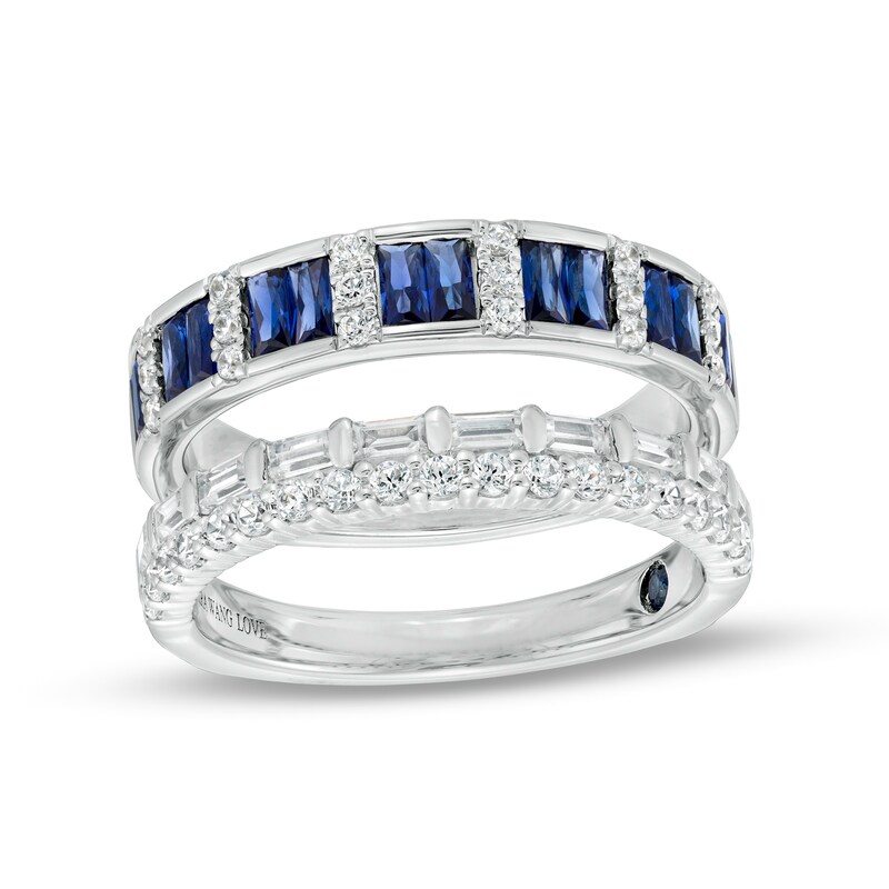 Main Image 1 of Vera Wang Love Collection Baguette Blue Sapphire and 5/8 CT. T.W. Diamond Solitaire Enhancer in 14K White Gold