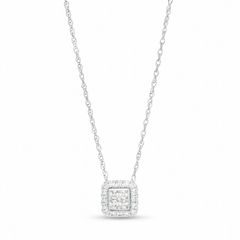 Main Image 1 of 1/2 CT. T.W. Quad Princess-Cut Diamond Cushion-Shaped Frame Pendant in 10K White Gold