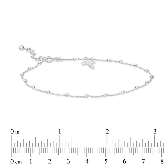 Bead Station with Cross Dangle Charm Anklet in 10K White Gold - 10"