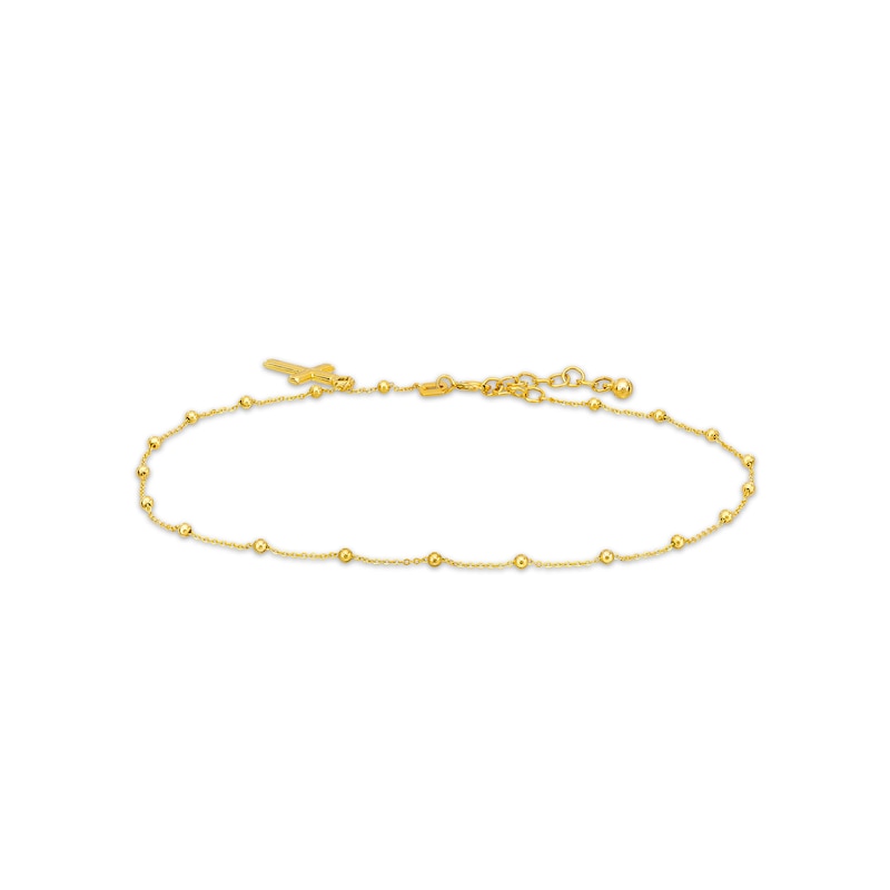 Bead Station with Cross Dangle Charm Anklet in 10K Gold - 10"