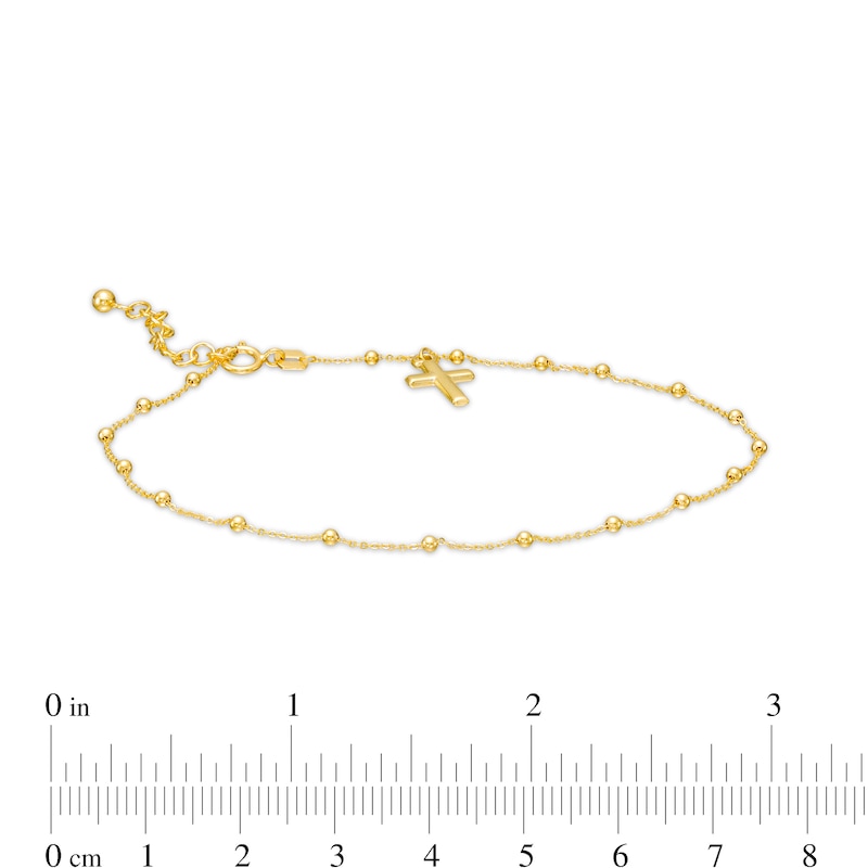 Bead Station with Cross Dangle Charm Anklet in 10K Gold - 10"