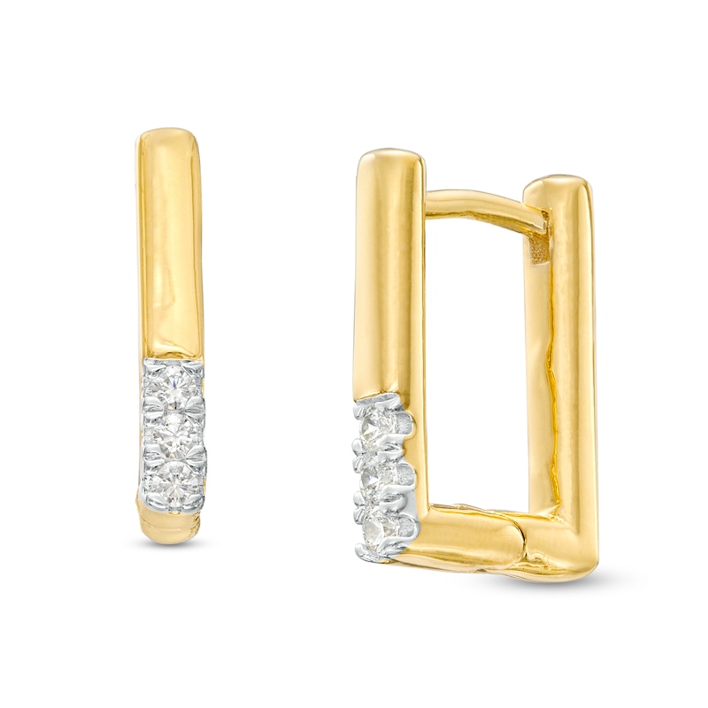 Main Image 1 of 1/15 CT. T.W. Diamond Three Stone Square Tube Huggie Hoop Earrings in 10K Gold