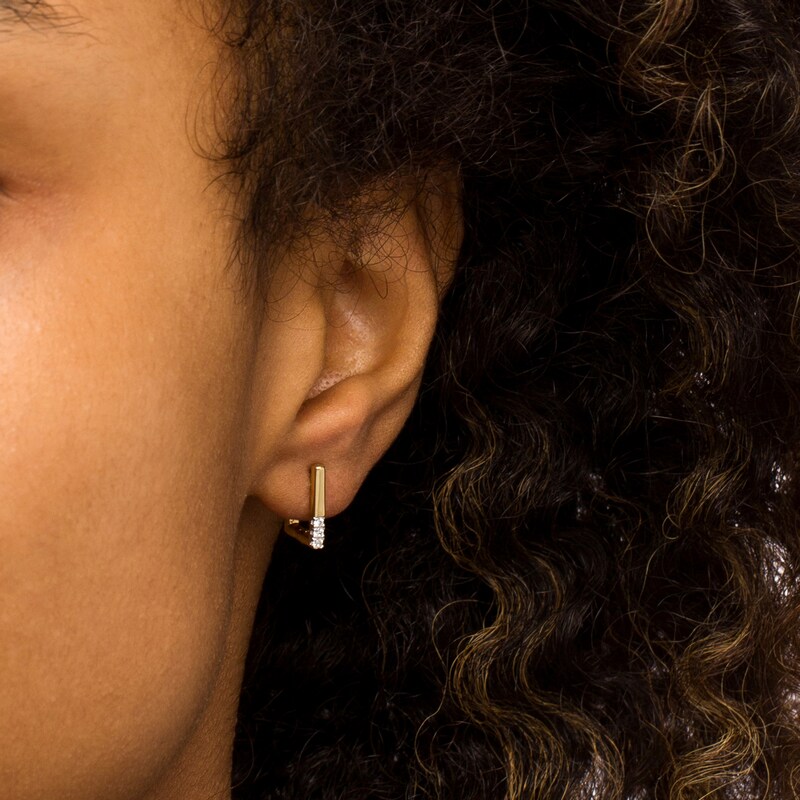 Main Image 2 of 1/15 CT. T.W. Diamond Three Stone Square Tube Huggie Hoop Earrings in 10K Gold