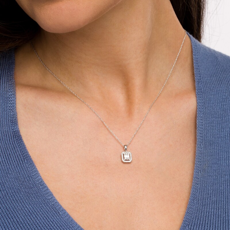 Main Image 2 of 1/4 CT. T.W. Emerald-Shaped Multi-Diamond Frame Pendant in 10K White Gold