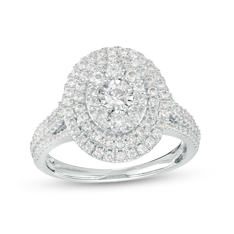 Main Image 1 of 1 CT. T.W. Oval Multi-Diamond Double Frame Triple Row Ring in 10K White Gold