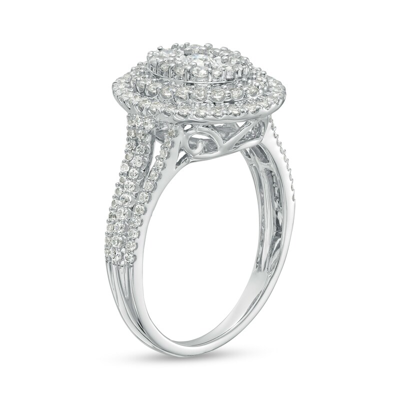Main Image 3 of 1 CT. T.W. Oval Multi-Diamond Double Frame Triple Row Ring in 10K White Gold