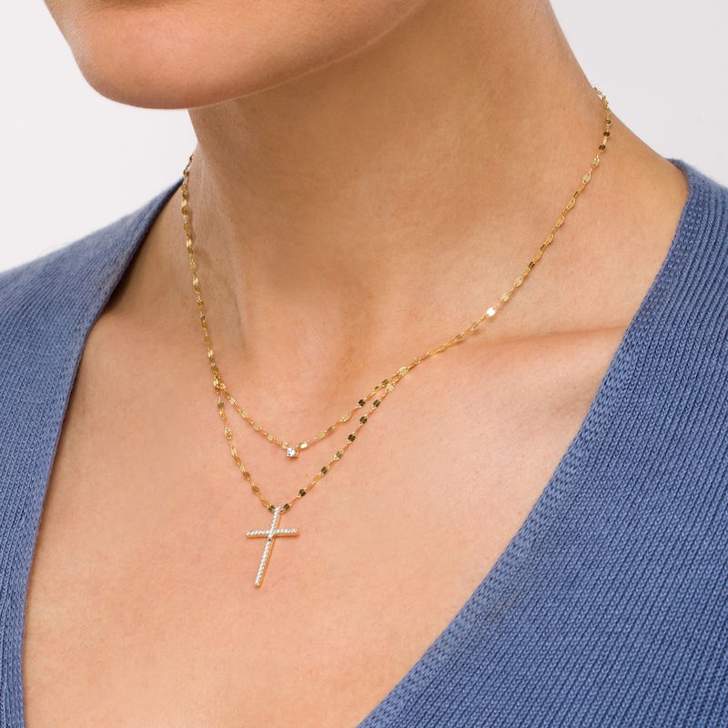 Main Image 2 of 1/5 CT. T.W. Diamond Cross Double Strand Layered Necklace in 10K Gold