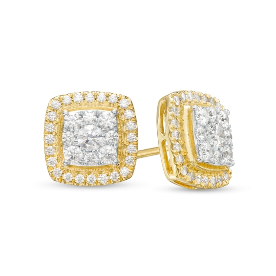 1 CT. T.w. Cushion-Shaped Multi-Diamond Frame Vintage-Style Stud Earrings in 10K Gold