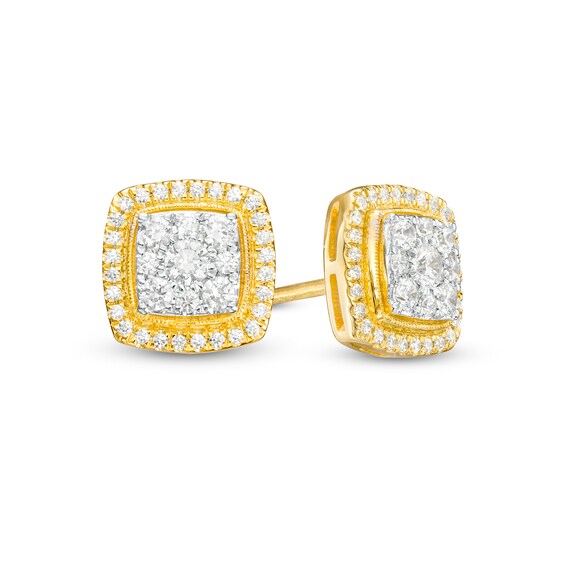 1/2 CT. T.w. Cushion-Shaped Multi-Diamond Frame Vintage-Style Stud Earrings in 10K Gold