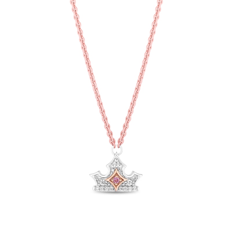Main Image 1 of Enchanted Disney Aurora Pink Tourmaline and 1/15 CT. T.W. Diamond Crown Necklace in Sterling Silver and 10K Rose Gold