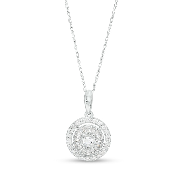 1/2 CT. T.w. Baguette and Round Diamond Double Frame Circle Pendant in 10K White Gold