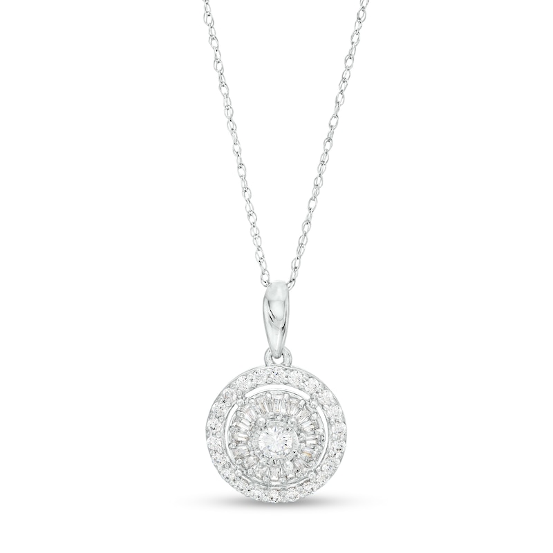 Main Image 1 of 1/2 CT. T.W. Baguette and Round Diamond Double Frame Circle Pendant in 10K White Gold