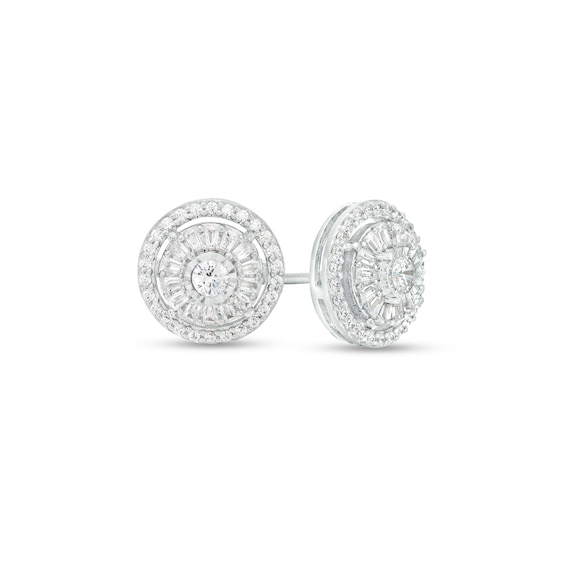 1/2 CT. T.w. Baguette and Round Diamond Double Frame Stud Earrings in 10K White Gold